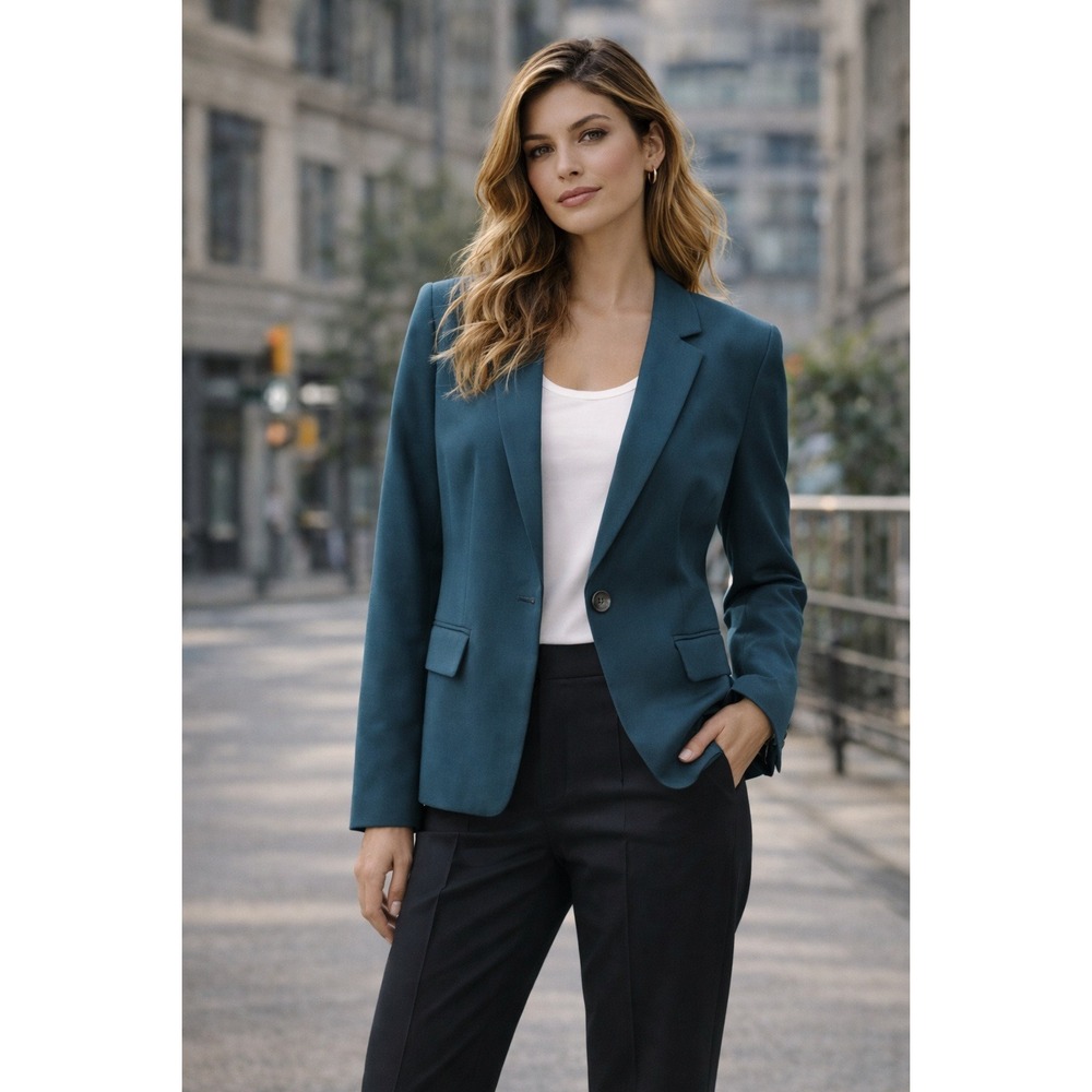 Work Professional Single Button Teal Blazer Ann T… - image 1